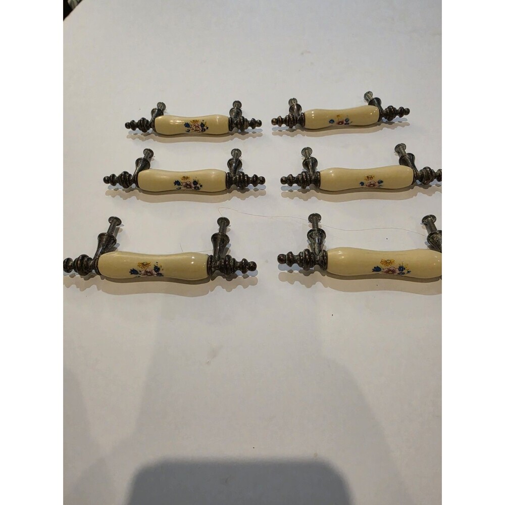 Vintage Set of 6 Porcelain Brass Handles Pulls Cabinet Drawer Floral Cream Color